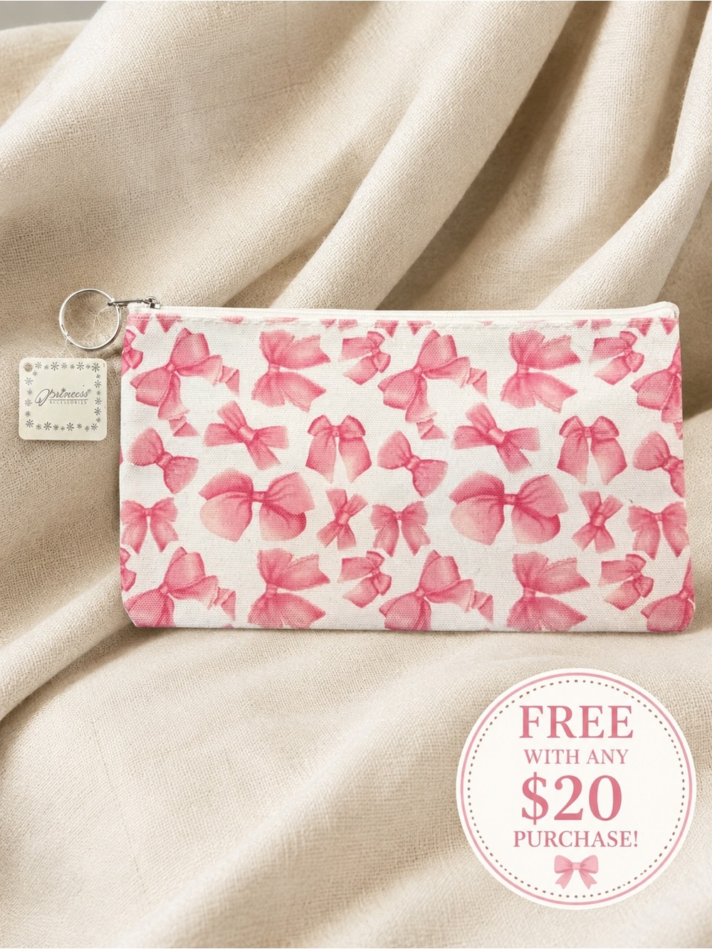 Pink Bow Cosmetic Pouch Key Ring Coquette Makeup Bag Princess Accessory NWT